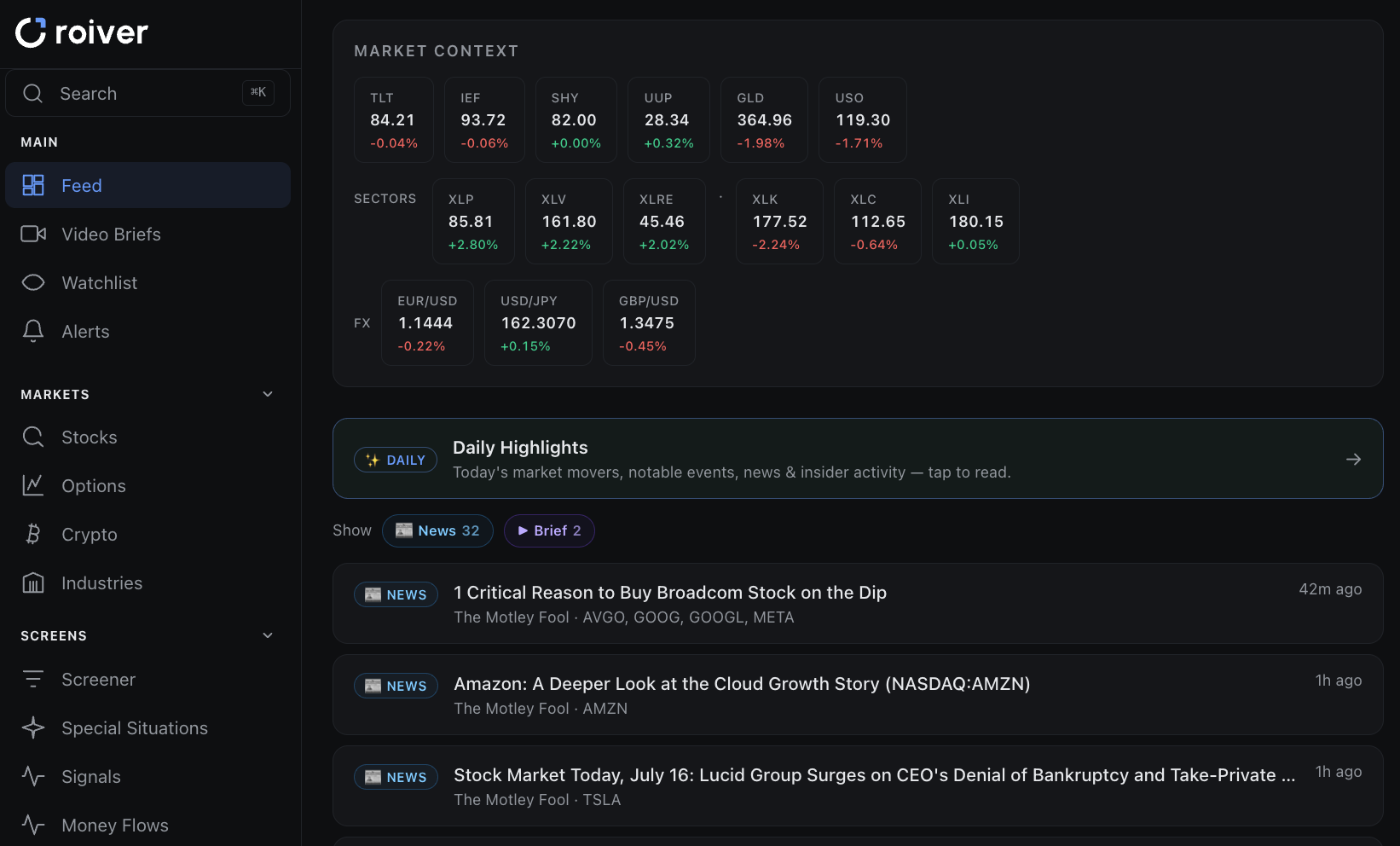 Roiver daily feed — news, video briefs and insider activity in one stream